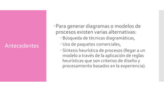 Antecedentes 
Para generar diagramas o modelos de 
procesos existen varias alternativas: 
Búsqueda de técnicas diagramáticas, 
Uso de paquetes comerciales, 
Síntesis heurística de procesos (llegar a un 
modelo a través de la aplicación de reglas 
heurísticas que son criterios de diseño y 
procesamiento basados en la experiencia). 
 