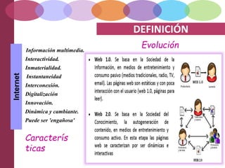 DEFINICIÓN
Información multimedia.
Interactividad.
Inmaterialidad.
Interconexión.
Instantaneidad
Digitalización
Innovación.
Dinámica y cambiante.
Puede ser 'engañosa'
Internet
Caracterís
ticas
Evolución
 
