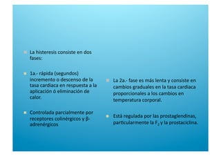   La 2a.‐ fase es más lenta y consiste en 
cambios graduales en la tasa cardiaca 
proporcionales a los cambios en 
temperatura corporal. 
  Está regulada por las prostaglendinas, 
par6cularmente la F2 y la prostaciclina. 
  La histeresis consiste en dos 
fases:  
  1a.‐ rápida (segundos) 
incremento o descenso de la 
tasa cardiaca en respuesta a la 
aplicación ó eliminación de 
calor. 
  Controlada parcialmente por 
receptores colinérgicos y β‐
adrenérgicos 
 