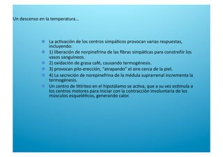   La ac6vación de los centros simpá6cos provocan varias respuestas, 
incluyendo: 

   1) liberación de norpinefrina de las ﬁbras simpá6cas para constreñir los 
vasos sanguíneos.  

   2) oxidación de grasa café, causando termogénesis. 

   3) provocan pilo‐erección, “atrapando” el aire cerca de la piel. 

   4) La secreción de norepinefrina de la médula suprarrenal incrementa la 
termogénesis. 

   Un centro de 66riteo en el hipotálamo se ac6va, que a su vez es6mula a 
los centros motores para iniciar con la contracción involuntaria de los 
músculos esquelé6cos, generando calor. 
Un descenso en la temperatura… 
 