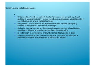 •    

   El “termostato” inhibe la ac6vidad del sistema nervioso simpa6co, el cual 
controla la vasoconstricción y la tasa metabólica, provocando vasodilatación y 
una reducción de la tasa metabólica basal.  

   Esto provoca un incremento en la pérdida de calor a través de la piel y 
decrece la temperatura en el centro el cuerpo. 

   Si el calor es muy intenso, las ﬁbras simpá6cas que inervan a las glándulas 
sudoríparas, liberan ace6lcolina, es6mulando la sudoración.  

   La sudoración es la respuesta involuntaria más efec6va ante el calor.  

   Respuestas conductuales, como el letargo y el  descanso, disminuyen la 
producción de calor e incrementan la pérdida del mismo. 
Un incremento en la temperatura… 
 