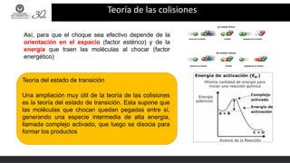 Reglas para asignar estado de oxidación (E.O.)
Teoría de las colisiones
Así, para que el choque sea efectivo depende de la
orientación en el espacio (factor estérico) y de la
energía que traen las moléculas al chocar (factor
energético)
Teoría del estado de transición
Una ampliación muy útil de la teoría de las colisiones
es la teoría del estado de transición. Esta supone que
las moléculas que chocan quedan pegadas entre sí,
generando una especie intermedia de alta energía,
llamada complejo activado, que luego se disocia para
formar los productos
 