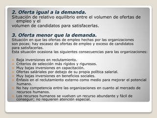 2. Oferta igual a la demanda. 
Situación de relativo equilibrio entre el volumen de ofertas de 
empleo y el 
volumen de candidatos para satisfacerlas. 
3. Oferta menor que la demanda. 
Situación en que las ofertas de empleo hechas por las organizaciones 
son pocas; hay escasez de ofertas de empleo y exceso de candidatos 
para satisfacerlas. 
Esta situación ocasiona las siguientes consecuencias para las organizaciones: 
 Baja inversiones en reclutamiento. 
 Criterios de selección más rígidos y rigurosos. 
 Muy bajas inversiones en capacitación. 
 Ofertas saláriales por debajo de su propia política salarial. 
 Muy bajas inversiones en beneficios sociales. 
 Énfasis en el reclutamiento externo como medio para mejorar el potencial 
humano. 
 No hay competencia entre las organizaciones en cuanto al mercado de 
recursos humanos. 
 Los recursos humanos se vuelven un recurso abundante y fácil de 
conseguir; no requieren atención especial. 
 