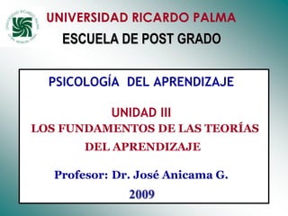 UNIVERSIDAD RICARDO PALMA
    ESCUELA DE POST GRADO

  PSICOLOGÍA DEL APRENDIZAJE

            UNIDAD III
LOS FUNDAMENTOS DE LAS TEORÍAS
        DEL APRENDIZAJE

   Profesor: Dr. José Anicama G.
               2009                1
 