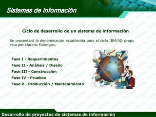 Ciclo de desarrollo de un sistema de información
Se presentará la denominación establecida para el ciclo IBM/AD propu
esta por Llorens Fabregas.

Fase I - Requerimientos
Fase II - Análisis / Diseño

Fase III - Construcción
Fase IV - Pruebas

Fase V - Producción / Mantenimiento

Desarrollo de proyectos de sistemas de información

 