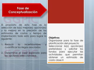Fase de
Conceptualización
El propósito de esta fase es la
selección de la(s) mejor(es) opción(es)
y la mejora en la precisión de los
estimados de costos y tiempo de
implantación todo esto para lograr lo
siguiente:
1. Reducir la incertidumbre y
cuantificar los riegos asociados
2. Determinar el valor esperado para
las opciones seleccionadas
Objetivos
Organizarse para la fase de
planificación del proyecto
Seleccionar la(s) opción(es)
preferida(s) y solicitar los
fondos para ejecutar las
actividades que permitan
obtener un estimado de
costo clase II
 