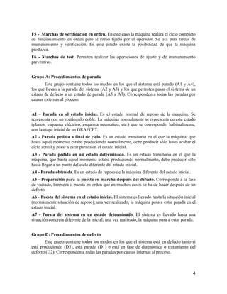 4
F5 - Marchas de verificación en orden. En este caso la máquina realiza el ciclo completo
de funcionamiento en orden pero al ritmo fijado por el operador. Se usa para tareas de
mantenimiento y verificación. En este estado existe la posibilidad de que la máquina
produzca.
F6 - Marchas de test. Permiten realizar las operaciones de ajuste y de mantenimiento
preventivo.
Grupo A: Procedimientos de parada
Este grupo contiene todos los modos en los que el sistema está parado (A1 y A4),
los que llevan a la parada del sistema (A2 y A3) y los que permiten pasar el sistema de un
estado de defecto a un estado de parada (A5 a A7). Corresponden a todas las paradas por
causas externas al proceso.
A1 - Parada en el estado inicial. Es el estado normal de reposo de la máquina. Se
representa con un rectángulo doble. La máquina normalmente se representa en este estado
(planos, esquema eléctrico, esquema neumático, etc.) que se corresponde, habitualmente,
con la etapa inicial de un GRAFCET.
A2 - Parada pedida a final de ciclo. Es un estado transitorio en el que la máquina, que
hasta aquel momento estaba produciendo normalmente, debe producir sólo hasta acabar el
ciclo actual y pasar a estar parada en el estado inicial.
A3 - Parada pedida en un estado determinado. Es un estado transitorio en el que la
máquina, que hasta aquel momento estaba produciendo normalmente, debe producir sólo
hasta llegar a un punto del ciclo diferente del estado inicial.
A4 - Parada obtenida. Es un estado de reposo de la máquina diferente del estado inicial.
A5 - Preparación para la puesta en marcha después del defecto. Corresponde a la fase
de vaciado, limpieza o puesta en orden que en muchos casos se ha de hacer después de un
defecto.
A6 - Puesta del sistema en el estado inicial. El sistema es llevado hasta la situación inicial
(normalmente situación de reposo); una vez realizado, la máquina pasa a estar parada en el
estado inicial.
A7 - Puesta del sistema en un estado determinado. El sistema es llevado hasta una
situación concreta diferente de la inicial; una vez realizado, la máquina pasa a estar parada.
Grupo D: Procedimientos de defecto
Este grupo contiene todos los modos en los que el sistema está en defecto tanto si
está produciendo (D3), está parado (D1) o está en fase de diagnóstico o tratamiento del
defecto (D2). Corresponden a todas las paradas por causas internas al proceso.
 