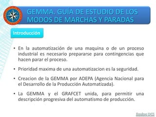 GEMMA. GUÍA DE ESTUDIO DE LOS
MODOS DE MARCHAS Y PARADAS
▪ En la automatización de una maquina o de un proceso
industrial es necesario prepararse para contingencias que
hacen parar el proceso.
▪ Prioridad maxima de una automatizacion es la seguridad.
▪ Creacion de la GEMMA por ADEPA (Agencia Nacional para
el Desarrollo de la Producción Automatizada).
▪ La GEMMA y el GRAFCET unida, para permitir una
descripción progresiva del automatismo de producción.
Introducción
 