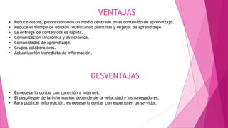 VENTAJAS
• Reduce costos, proporcionando un medio centrado en el contenido de aprendizaje.
• Reduce el tiempo de edición reutilizando plantillas y objetos de aprendizaje.
• La entrega de contenidos es rápida.
• Comunicación sincrónica y asincrónica.
• Comunidades de aprendizaje.
• Grupos colaborativos.
• Actualización inmediata de información.
DESVENTAJAS
• Es necesario contar con conexión a Internet.
• El despliegue de la información depende de la velocidad y los navegadores.
• Para publicar información, es necesario contar con espacio en un servidor.
 