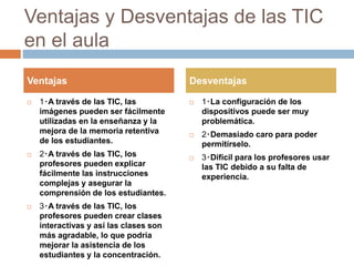Ventajas y Desventajas de las TIC
en el aula
 1‧A través de las TIC, las
imágenes pueden ser fácilmente
utilizadas en la enseñanza y la
mejora de la memoria retentiva
de los estudiantes.
 2‧A través de las TIC, los
profesores pueden explicar
fácilmente las instrucciones
complejas y asegurar la
comprensión de los estudiantes.
 3‧A través de las TIC, los
profesores pueden crear clases
interactivas y así las clases son
más agradable, lo que podría
mejorar la asistencia de los
estudiantes y la concentración.
 1‧La configuración de los
dispositivos puede ser muy
problemática.
 2‧Demasiado caro para poder
permitírselo.
 3‧Difícil para los profesores usar
las TIC debido a su falta de
experiencia.
Ventajas Desventajas
 