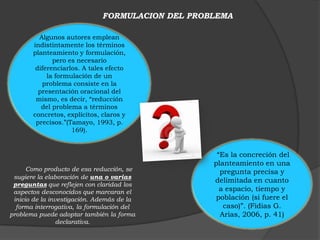 FORMULACION DEL PROBLEMA

         Algunos autores emplean
       indistintamente los términos
       planteamiento y formulación,
              pero es necesario
        diferenciarlos. A tales efecto
            la formulación de un
          problema consiste en la
         presentación oracional del
        mismo, es decir, “reducción
          del problema a términos
       concretos, explícitos, claros y
        precisos.”(Tamayo, 1993, p.
                    169).


                                                   “Es la concreción del
                                                  planteamiento en una
      Como producto de esa reducción, se            pregunta precisa y
 sugiere la elaboración de una o varias
                                                  delimitada en cuanto
 preguntas que reflejen con claridad los
 aspectos desconocidos que marcaran el              a espacio, tiempo y
 inicio de la investigación. Además de la          población (si fuere el
  forma interrogativa, la formulación del            caso)”. (Fidias G.
problema puede adoptar también la forma             Arias, 2006, p. 41)
                 declarativa.
 