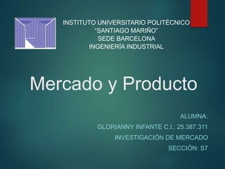 Mercado y Producto
ALUMNA:
GLORIANNY INFANTE C.I.: 25.387.311
INVESTIGACIÓN DE MERCADO
SECCIÓN: S7
INSTITUTO UNIVERSITARIO POLITÉCNICO
“SANTIAGO MARIÑO”
SEDE BARCELONA
INGENIERÍA INDUSTRIAL
 