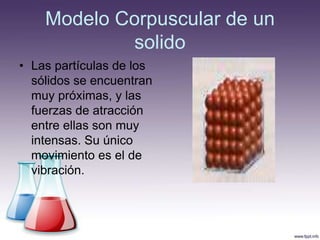 Modelo Corpuscular de un
            solido
• Las partículas de los
  sólidos se encuentran
  muy próximas, y las
  fuerzas de atracción
  entre ellas son muy
  intensas. Su único
  movimiento es el de
  vibración.
 