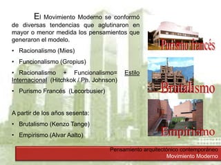 Pensamiento arquitectónico contemporáneo
Movimiento Moderno
El Movimiento Moderno se conformó
de diversas tendencias que aglutinaron en
mayor o menor medida los pensamientos que
generaron el modelo.
• Racionalismo (Mies)
• Funcionalismo (Gropius)
• Racionalismo + Funcionalismo= Estilo
Internacional (Hitchkok / Ph. Johnson)
• Purismo Francés (Lecorbusier)
A partir de los años sesenta:
• Brutalismo (Kenzo Tange)
• Empirismo (Alvar Aalto)
 