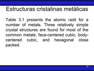 Estructuras cristalinas metálicas
Table 3.1 presents the atomic radii for a
number of metals. Three relatively simple
crystal structures are found for most of the
common metals: face-centered cubic, body-
centered cubic, and hexagonal close
packed.



                                          29
 