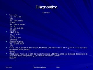 Diagnóstico Ejercicios Encontrar  4% de 725  (29) 175% de 800  (1.400) 2½% de 35.640  (891,02) ¾% de12.000  (90.000) ¿Qué % de: 40 es 20  (50%) 31 es 620  (2.000%) ¿De qué número. Es 20 el 25%?  (80) Sobre una inversión de US $2.500, M obtiene una utilidad de $131,25 ¿Qué % de la inversión representa dicha utilidad?  (5 ¼%) Un abogado recupera el 90% de una demanda de US$300 y cobra por concepto de servicios el 15% de la suma recuperada ¿Qué cantidad recibirá su cliente?  (229,50) 