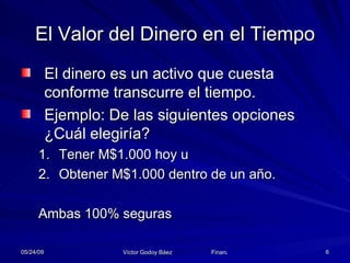 El Valor del Dinero en el Tiempo El dinero es un activo que cuesta conforme transcurre el tiempo. Ejemplo: De las siguientes opciones ¿Cuál elegiría? Tener M$1.000 hoy u Obtener M$1.000 dentro de un año. Ambas 100% seguras 