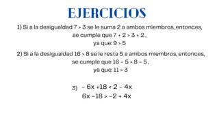 − 6x +18 < 2 − 4x
6x −18 > −2 + 4x
1) Si a la desigualdad 7 > 3 se le suma 2 a ambos miembros, entonces,
se cumple que 7 + 2 > 3 + 2 ,
ya que: 9 > 5
2) Si a la desigualdad 16 > 8 se le resta 5 a ambos miembros, entonces,
se cumple que 16 − 5 > 8 − 5 ,
ya que: 11 > 3
3)
EJERCICIOS
 