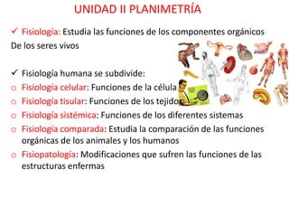 UNIDAD II PLANIMETRÍA
 Fisiología: Estudia las funciones de los componentes orgánicos
De los seres vivos

 Fisiología humana se subdivide:
o Fisiología celular: Funciones de la célula
o Fisiología tisular: Funciones de los tejidos
o Fisiología sistémica: Funciones de los diferentes sistemas
o Fisiología comparada: Estudia la comparación de las funciones
  orgánicas de los animales y los humanos
o Fisiopatología: Modificaciones que sufren las funciones de las
  estructuras enfermas
 