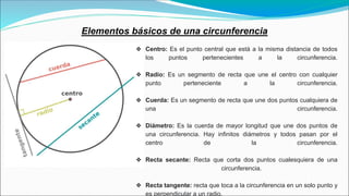 Elementos básicos de una circunferencia
❖ Centro: Es el punto central que está a la misma distancia de todos
los puntos pe...