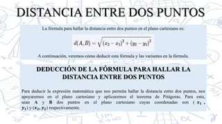 DISTANCIA ENTRE DOS PUNTOS
La fórmula para hallar la distancia entre dos puntos en el plano cartesiano es:
A continuación, veremos cómo deducir esta fórmula y las variantes en la fórmula.
DEDUCCIÓN DE LA FÓRMULA PARA HALLAR LA
DISTANCIA ENTRE DOS PUNTOS
Para deducir la expresión matemática que nos permita hallar la distancia entre dos puntos, nos
apoyaremos en el plano cartesiano y aplicaremos el teorema de Pitágoras. Para esto,
sean A y B dos puntos en el plano cartesiano cuyas coordenadas son ( 𝒙𝟏 ,
𝒚𝟏) y (𝒙𝟐, 𝒚𝟐) respectivamente.
 
