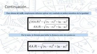 Continuación…
Para obtener d (A,B), simplemente debemos aplicar raíz cuadrada en ambos miembros de la igualdad:
Por lo tanto, la fórmula para hallar la distancia entre dos puntos es:
 