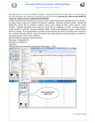 Universidad Politécnica Territorial Andrés Eloy Blanco
Programa Nacional de Formación en Informática
Ing. Lissette Torrealba
Recordar todo lo visto en la unidad II, Diseño Conceptual, Modelo ER, ahora que ya somos capaces
de crear diagramas que modelen la realidad de nuestro problema, proceso de venta en una tienda de
ventas de celulares.(Guia analisis-Disenio BD.pdf)
El flujo de información del proceso de ventas es que se debe almacenar la información de los clientes :
sus datos básicos como son: cedula o rif, nombre y apellido, dirección, teléfono celular, teléfono de
habitación, correo. De los celulares, modelo, marca, color, código de barra, stock máximo , stock
mínimo, cantidad disponible costo, precio de venta. De los vendedores se tiene sus datos básicos:
cedula ,nombre y apellido, dirección, teléfono celular, teléfono de habitación, correo., ventas diarias,
turno de trabajo, de los documentos revisados se tiene facturas de ventas la cual lleva nro correlativo
de contrato, fecha de emisión , datos del cliente, datos del equipo que está comprando, un cliente en
una factura puede llevar varios celulares.
Para ello deberás seguir los siguientes pasos:
Descarga el programa Dia.
Procede a su instalación.
Ejecútalo.
Debajo de las herramientas, selecciona Otras hojas → ER.
 