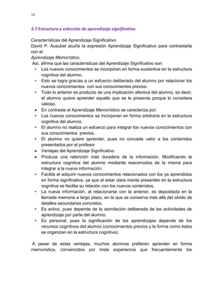 13

3.7 Estructura y selección de aprendizaje significativo
Características del Aprendizaje Significativo
David P. Ausubel acuña la expresión Aprendizaje Significativo para contrastarla
con el
Aprendizaje Memorístico.
Así, afirma que las características del Aprendizaje Significativo son:
• Los nuevos conocimientos se incorporan en forma sustantiva en la estructura
cognitiva del alumno.
• Esto se logra gracias a un esfuerzo deliberado del alumno por relacionar los
nuevos conocimientos con sus conocimientos previos.
• Todo lo anterior es producto de una implicación afectiva del alumno, es decir,
el alumno quiere aprender aquello que se le presenta porque lo considera
valioso.
En contraste el Aprendizaje Memorístico se caracteriza por:
• Los nuevos conocimientos se incorporan en forma arbitraria en la estructura
cognitiva del alumno.
• El alumno no realiza un esfuerzo para integrar los nuevos conocimientos con
sus conocimientos previos.
• El alumno no quiere aprender, pues no concede valor a los contenidos
presentados por el profesor
Ventajas del Aprendizaje Significativo
Produce una retención más duradera de la información. Modificando la
estructura cognitiva del alumno mediante reacomodos de la misma para
integrar a la nueva información.
• Facilita el adquirir nuevos conocimientos relacionados con los ya aprendidos
en forma significativa, ya que al estar clara mente presentes en la estructura
cognitiva se facilita su relación con los nuevos contenidos.
• La nueva información, al relacionarse con la anterior, es depositada en la
llamada memoria a largo plazo, en la que se conserva más allá del olvido de
detalles secundarios concretos.
• Es activo, pues depende de la asimilación deliberada de las actividades de
aprendizaje por parte del alumno.
• Es personal, pues la significación de los aprendizajes depende de los
recursos cognitivos del alumno (conocimientos previos y la forma como éstos
se organizan en la estructura cognitiva).
A pesar de estas ventajas, muchos alumnos prefieren aprender en forma
memorística, convencidos por triste experiencia que frecuentemente los

 