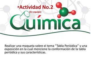 Realizar una maqueta sobre el tema “Tabla Periódica” y una
exposición en la cual mencione la conformación de la tabla
periódica y sus características.
•Actividad No.2
(En equipo)
 