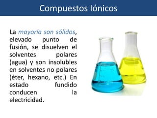 Compuestos Iónicos
La mayoría son sólidos,
elevado punto de
fusión, se disuelven el
solventes polares
(agua) y son insolubles
en solventes no polares
(éter, hexano, etc.) En
estado fundido
conducen la
electricidad.
 