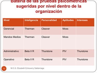 Batería de las pruebas psicométricas
sugeridas por nivel dentro de la
organización
M.C.G. Elizabeth Echeverry Saldarriaga13
Nivel Inteligencia Personalidad Aptitudes Intereses
Gerencial Therman Cleaver Moss
Mandos Medios Therman Cleaver Moss
Administrativo Beta II R Thurstone PIV Thurstone
Operativo Beta II R Thurstone PIV Thurstone
 