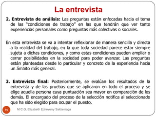 La entrevista
M.C.G. Elizabeth Echeverry Saldarriaga19
2. Entrevista de análisis: Las preguntas están enfocadas hacia el tema
de las “condiciones de trabajo” en las que tendrán que ver tanto
experiencias personales como preguntas más colectivas o sociales.
En esta entrevista se va a intentar reflexionar de manera sencilla y directa
a la realidad del trabajo, en la que toda sociedad parece estar siempre
sujeta a dichas condiciones, y como estas condiciones pueden ampliar o
cerrar posibilidades en la sociedad para poder avanzar. Las preguntas
están planteadas desde lo particular y concreto de la experiencia hacia
un ámbito más general.
3. Entrevista final: Posteriormente, se evalúan los resultados de la
entrevista y de las pruebas que se aplicaron en todo el proceso y se
elige aquella persona cuya puntuación sea mayor en comparación de los
demás. El encargado del proceso de la selección notifica al seleccionado
que ha sido elegido para ocupar el puesto.
 