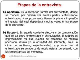 Etapas de la entrevista.
M.C.G. Elizabeth Echeverry Saldarriaga20
a) Apertura. Es la recepción formal del entrevistado, donde
se conocen por primera vez ambas partes: entrevistado-
entrevistador, y recíprocamente tienen la primera impresión
o impacto, del cual dependerá muchas veces el transcurso
de la entrevista.
b) Rapport. Es aquella corriente afectiva y de comunicación
que se da entre entrevistado y entrevistador. El rapport es
imprescindible ya que cuando se establece de manera
adecuada, disminuye la ansiedad del solicitante, crea un
clima de confianza, espontaneidad, y provoca que el
entrevistado se comporte de modo natural de acuerdo con
las circunstancias del momento.
 