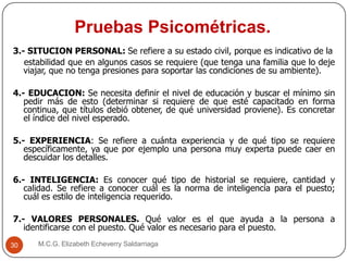 Pruebas Psicométricas.
M.C.G. Elizabeth Echeverry Saldarriaga30
3.- SITUCION PERSONAL: Se refiere a su estado civil, porque es indicativo de la
estabilidad que en algunos casos se requiere (que tenga una familia que lo deje
viajar, que no tenga presiones para soportar las condiciones de su ambiente).
4.- EDUCACION: Se necesita definir el nivel de educación y buscar el mínimo sin
pedir más de esto (determinar si requiere de que esté capacitado en forma
continua, que títulos debió obtener, de qué universidad proviene). Es concretar
el índice del nivel esperado.
5.- EXPERIENCIA: Se refiere a cuánta experiencia y de qué tipo se requiere
específicamente, ya que por ejemplo una persona muy experta puede caer en
descuidar los detalles.
6.- INTELIGENCIA: Es conocer qué tipo de historial se requiere, cantidad y
calidad. Se refiere a conocer cuál es la norma de inteligencia para el puesto;
cuál es estilo de inteligencia requerido.
7.- VALORES PERSONALES. Qué valor es el que ayuda a la persona a
identificarse con el puesto. Qué valor es necesario para el puesto.
 