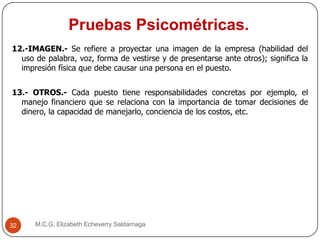 Pruebas Psicométricas.
M.C.G. Elizabeth Echeverry Saldarriaga32
12.-IMAGEN.- Se refiere a proyectar una imagen de la empresa (habilidad del
uso de palabra, voz, forma de vestirse y de presentarse ante otros); significa la
impresión física que debe causar una persona en el puesto.
13.- OTROS.- Cada puesto tiene responsabilidades concretas por ejemplo, el
manejo financiero que se relaciona con la importancia de tomar decisiones de
dinero, la capacidad de manejarlo, conciencia de los costos, etc.
 