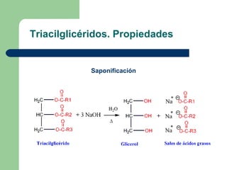 Triacilglicéridos. Propiedades


            Saponificación
 