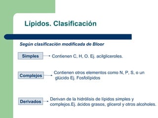 Lípidos. Clasificación

Según clasificación modificada de Bloor

 Simples      Contienen C, H, O. Ej. acilgliceroles.


  ...