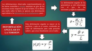 DEFORMACIÓN
ANGULAR EN
LA TORSION
Las deformaciones observadas experimentalmente en
las barras sometidas a torsión muestran un giro de las
secciones rectas respecto al eje de la barra. Si se dibuja
una malla sobre la barra se aprecia una deformación
equivalente a la deformación en el cizallamiento puro.
La deformación angular de las
generatrices g está relacionada
con el giro de las
secciones q según la expresión:
Esta deformación angular es mayor en la
periferia y nula en el centro, existiendo un
valor de deformación para cada posición
radial r, que crece linealmente con el radio:
 