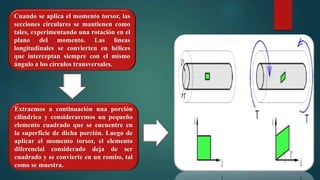 Cuando se aplica el momento torsor, las
secciones circulares se mantienen como
tales, experimentando una rotación en el
plano del momento. Las líneas
longitudinales se convierten en hélices
que interceptan siempre con el mismo
ángulo a los círculos transversales.
Extraemos a continuación una porción
cilíndrica y consideraremos un pequeño
elemento cuadrado que se encuentre en
la superficie de dicha porción. Luego de
aplicar el momento torsor, el elemento
diferencial considerado deja de ser
cuadrado y se convierte en un rombo, tal
como se muestra.
 