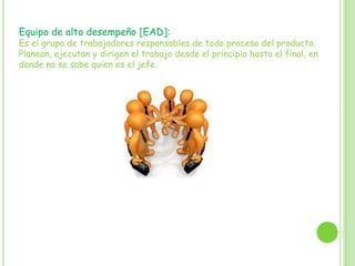 Equipo de alto desempeño [EAD]:
Es el grupo de trabajadores responsables de todo proceso del producto.
Planean, ejecutan y dirigen el trabajo desde el principio hasta el final, en
donde no se sabe quien es el jefe.
 