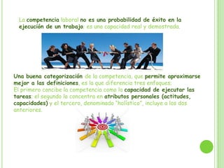 La competencia laboral no es una probabilidad de éxito en la
ejecución de un trabajo; es una capacidad real y demostrada.
Una buena categorización de la competencia, que permite aproximarse
mejor a las definiciones, es la que diferencia tres enfoques;
El primero concibe la competencia como la capacidad de ejecutar las
tareas; el segundo la concentra en atributos personales (actitudes,
capacidades) y el tercero, denominado “holístico”, incluye a los dos
anteriores.
 