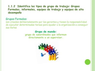 1.1.2 Identifica los tipos de grupo de trabajo: Grupos
Formales, informales, equipos de trabajo y equipos de alto
desempeño
Grupos Formales:
son creados deliberadamente por los gerentes y tienen la responsabilidad
de ejecutar determinadas tareas para ayudar a la organización a conseguir
sus metas
Grupo de mando:
grupo de subordinados que informan
directamente a un supervisor.
 