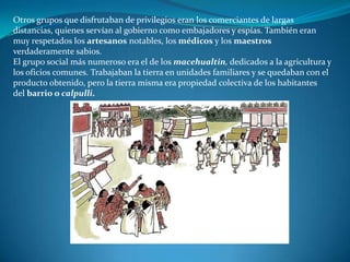 Otros grupos que disfrutaban de privilegios eran los comerciantes de largas
distancias, quienes servían al gobierno como embajadores y espías. También eran
muy respetados los artesanos notables, los médicos y los maestros
verdaderamente sabios.
El grupo social más numeroso era el de los macehualtin, dedicados a la agricultura y
los oficios comunes. Trabajaban la tierra en unidades familiares y se quedaban con el
producto obtenido, pero la tierra misma era propiedad colectiva de los habitantes
del barrio o calpulli.
 