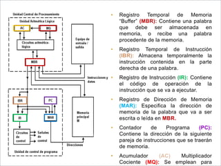 • Registro Temporal de Memoria 
“Buffer” (MBR): Contiene una palabra 
que debe ser almacenada en 
memoria, o recibe una palabra 
procedente de la memoria. 
• Registro Temporal de Instrucción 
(IBR): Almacena temporalmente la 
instrucción contenida en la parte 
derecha de una palabra. 
• Registro de Instrucción (IR): Contiene 
el código de operación de la 
instrucción que se va a ejecutar. 
• Registro de Dirección de Memoria 
(MAR): Especifica la dirección de 
memoria de la palabra que va a ser 
escrita o leída en MBR. 
• Contador de Programa (PC): 
Contiene la dirección de la siguiente 
pareja de instrucciones que se traerán 
de memoria. 
• Acumulador (AC) Multiplicador 
Cociente (MQ): Se emplean para 
 
