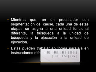 • Mientras que, en un procesador con 
segmentación del cause, cada una de estas 
etapas se asigna a una unidad funcional 
diferente, la búsqueda a la unidad de 
búsqueda y la ejecución a la unidad de 
ejecución. 
• Estas pueden trabajar en forma paralela en 
instrucciones diferentes. 
 