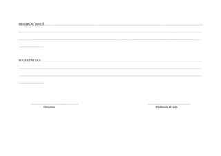 0BSERVACIONES:……………………………………………………………………………………………………………………………………
…………………………………………………………………………………………………………………………………………………………
…………………………………………………………………………………………………………………………………………………………
……………………
SUGERENCIAS:………………………………………………………………………………………………………………………………………
…………………………………………………………………………………………………………………………………………………………
…………………………………………………………………………………………………………………………………………………………
……………………
…………………………………………………………….. ………………………………………………………
Directora Profesora de aula
 