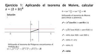 Solución
:
Ejercicio 1: Aplicando el teorema de Moivre, calcular
𝒛 = (𝟐 + 𝟐𝒊)𝟖
𝑟 = 𝑥2 + 𝑦2 = 22 + 22 = 4 + 4 = 𝟖
Utilizando el teorema de Pitágoras encontramos el
modulo de r
θ = tan−1
(
𝑦
𝑥
) = tan−1
(
2
2
) = 𝟒𝟓
z8
= ( 8)8
(cos 45(8 ) + sen 45(8 ) i)
z8
= 4096 (cos 360 + sen 360 i)
z𝒏= |r|
𝒏
(cos θ(n ) + sen θ(n ) i)
z8
= 4096 (1 + 0 i)
z8= 4096 (1)
z𝟖= 𝟒𝟎𝟗𝟔
Utilizando el teorema de Moivre
para elevar a potencia.
 