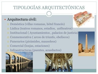 TIPOLOGÍAS ARQUITECTÓNICAS
 Arquitectura civil:
 Doméstica (villas romanas, hôtel francés)
 Lúdica (teatros romanos, estadios, anfiteatros)
 Institucional ( Ayuntamientos , palacios de justicia)
 Conmemorativa ( arcos de triunfo, obeliscos)
 Funerarios (pirámides, mausoleos)
 Comercial (lonjas, estaciones)
 Infraestructuras (puentes, acueductos)
 