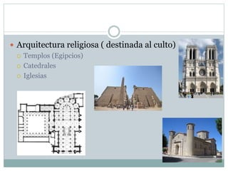  Arquitectura religiosa ( destinada al culto)
 Templos (Egipcios)
 Catedrales
 Iglesias
 