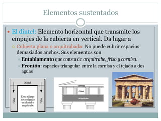 Elementos sustentados
 El dintel: Elemento horizontal que transmite los
empujes de la cubierta en vertical. Da lugar a
 Cubierta plana o arquitrabada: No puede cubrir espacios
demasiados anchos. Sus elementos son
 Entablamento que consta de arquitrabe, friso y cornisa.
 Frontón: espacios triangular entre la cornisa y el tejado a dos
aguas
 